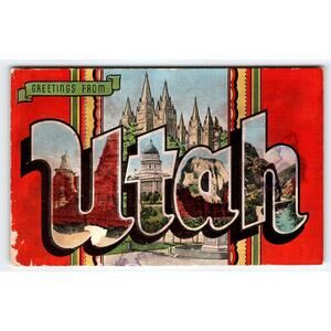 Greetings From Utah 1940's Large Big Letter State Postcard Linen Kropp Vintage